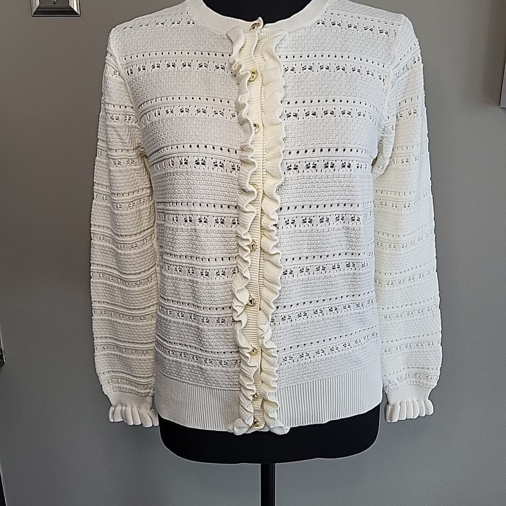 CHARTER CLUB Cream Classic Knit Ruffle Gold Button Cardigan Womens Size Medium